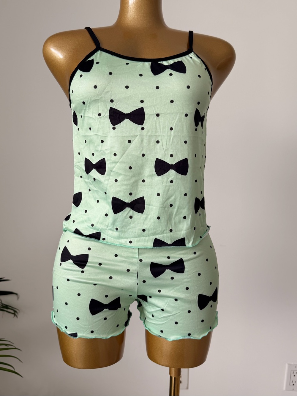 Mint Green Bow-Print Camisole & Short Pajama Set
